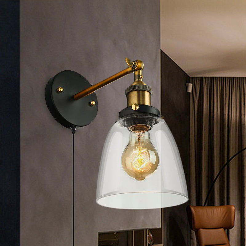Tapered Bedroom Wall Light Lighting Decoration Rustic Clear Glass 1 Light Black Wall Lamp with Plug Cable