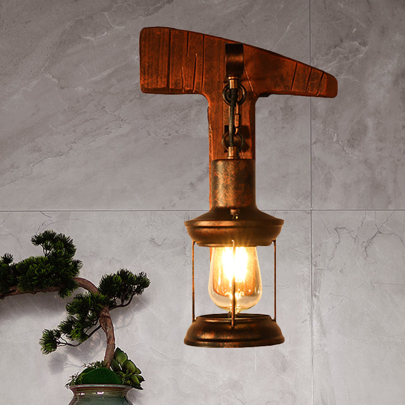Rust One-Light Wall Light Coastal Clear Glass Lantern Lighting Fixture with Wood Back Plate