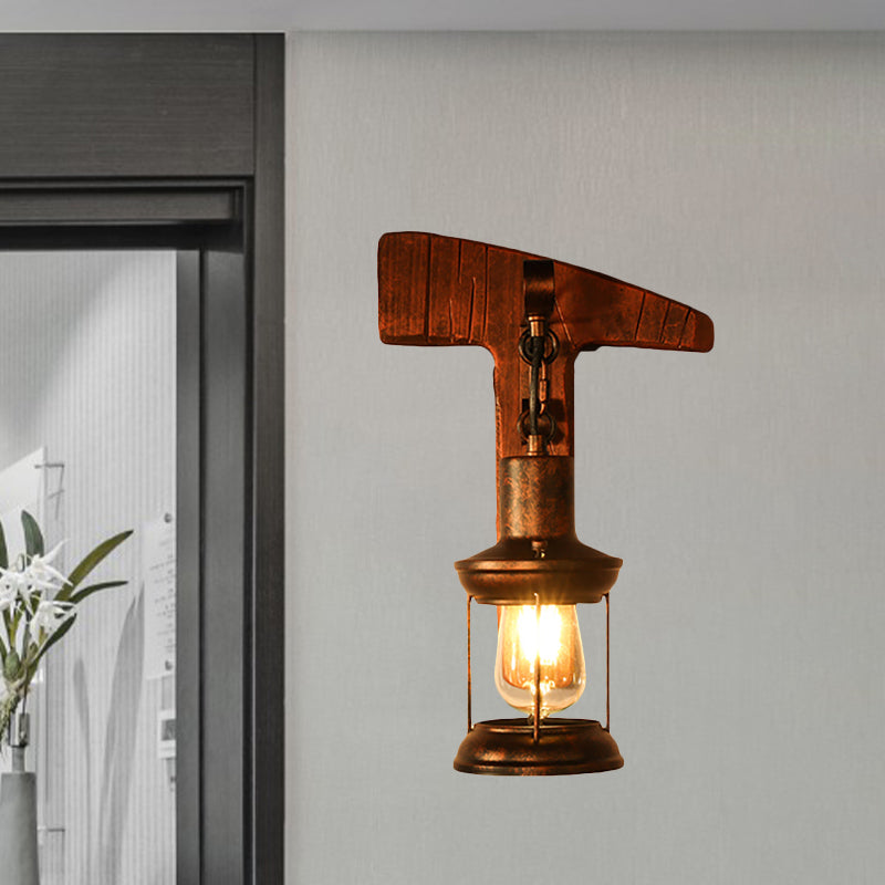 Rust One-Light Wall Light Coastal Clear Glass Lantern Lighting Fixture with Wood Back Plate