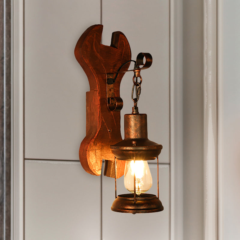 Rust One-Light Wall Light Coastal Clear Glass Lantern Lighting Fixture with Wood Back Plate