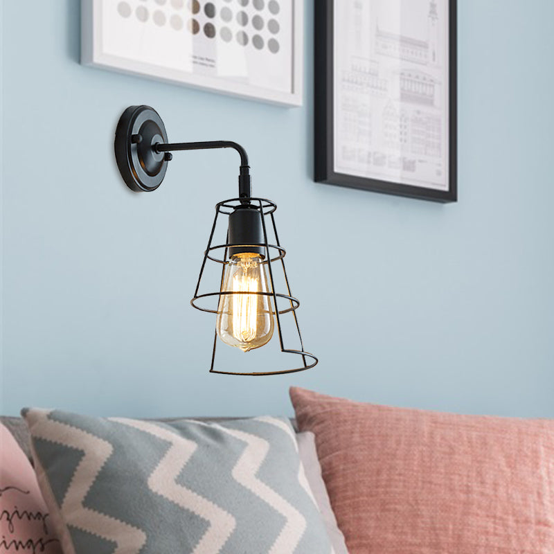 Vintage Style Conic Cage Wall Lamp with Curved Arm 1 Light Metal Wall Lamp in Black/White