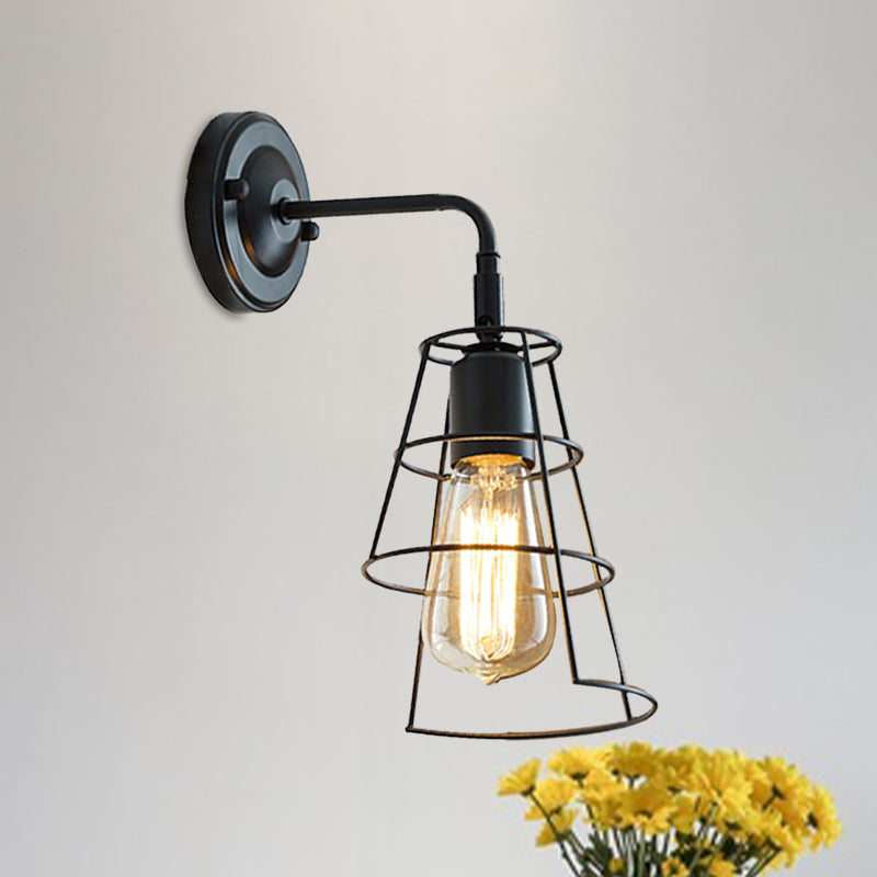Vintage Style Conic Cage Wall Lamp with Curved Arm 1 Light Metal Wall Lamp in Black/White