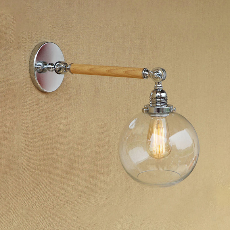 Vintage Orb Wall Light Fixture 1 Lamp Clear Glass Wall Lamp in Chrome for Bathroom, 8"/4"/6" Wide Wooden Arm