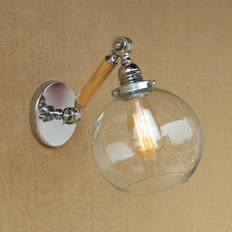 Vintage Orb Wall Light Fixture 1 Lamp Clear Glass Wall Lamp in Chrome for Bathroom, 8"/4"/6" Wide Wooden Arm