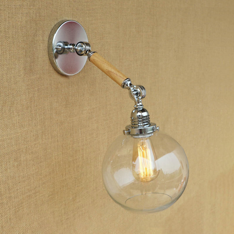 Vintage Orb Wall Light Fixture 1 Lamp Clear Glass Wall Lamp in Chrome for Bathroom, 8"/4"/6" Wide Wooden Arm