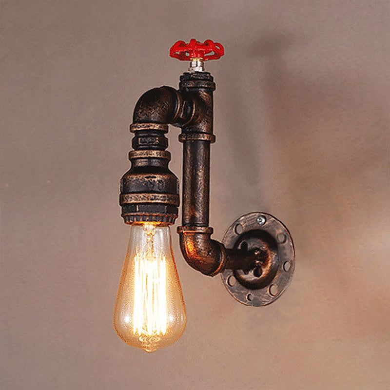 Rustic Style Pipe Wall Sconce with Valve Wheel 1 Bulb Wrought Iron Wall Mounted Light in Bronze