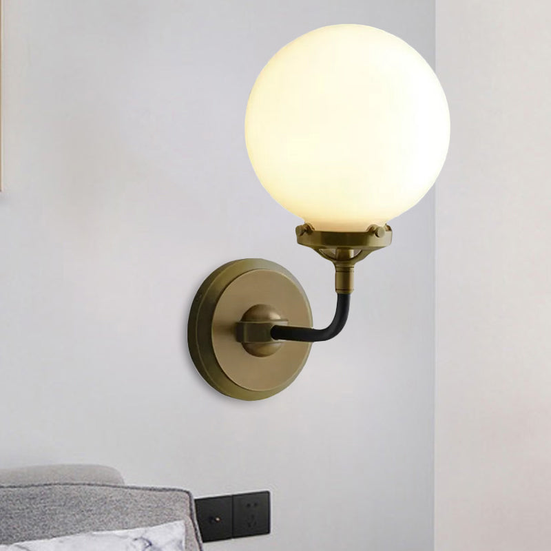 Modern Globe Shade Wall Lamp Fixture 1/2-Bulb Opal Glass Sconce Light in Antique Brass/Chrome