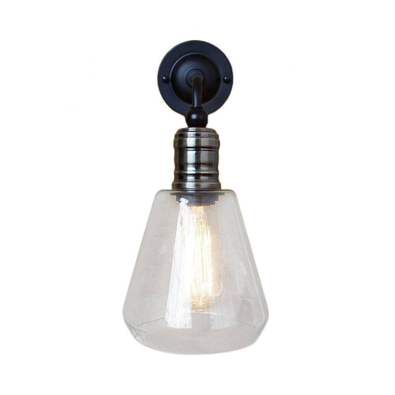 Rustic Style Tapered Shade Wall Lighting Fixture Single Gloss Clear Glass Wall Lamp in Black for Kitchen