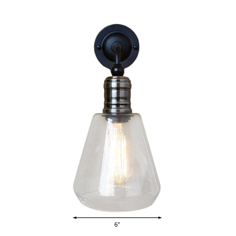 Rustic Style Tapered Shade Wall Lighting Fixture Single Gloss Clear Glass Wall Lamp in Black for Kitchen