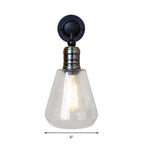 Rustic Style Tapered Shade Wall Lighting Fixture Single Gloss Clear Glass Wall Lamp in Black for Kitchen