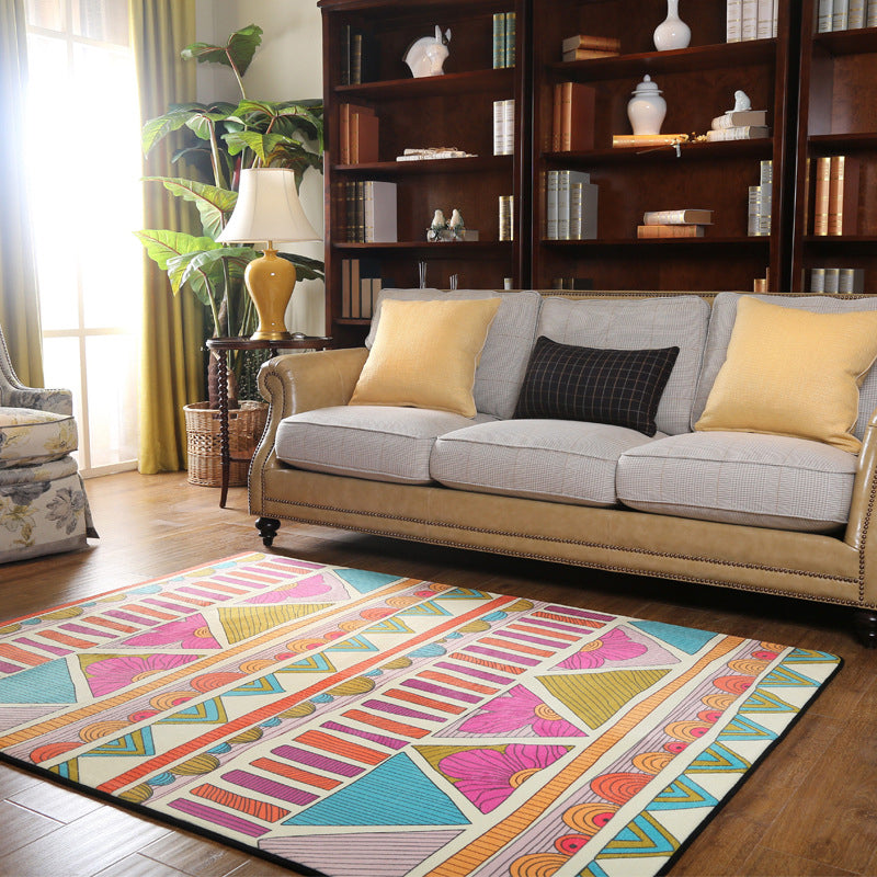 Colorful Geometric Southwest Rug Polyester Carpet with Flowers Non-Slip Backing Power Loom Indoor Rug