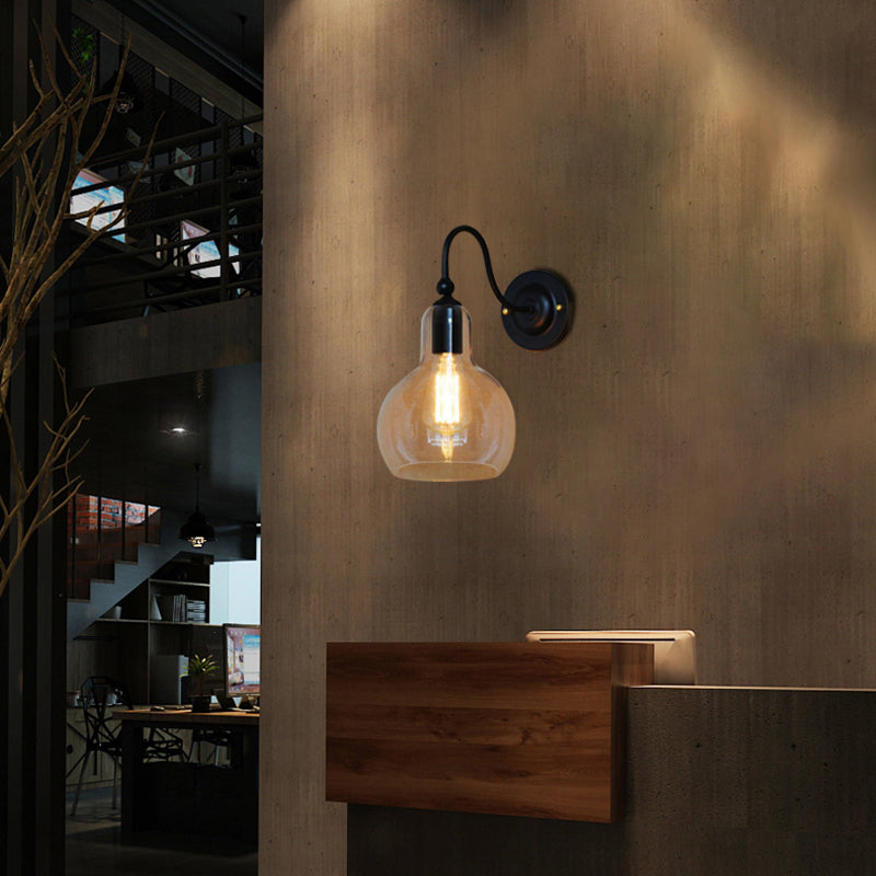 One Pear Wall Light with Pumpkin Shade Clear Glass Industrial Corridor Wall Lamp in Black