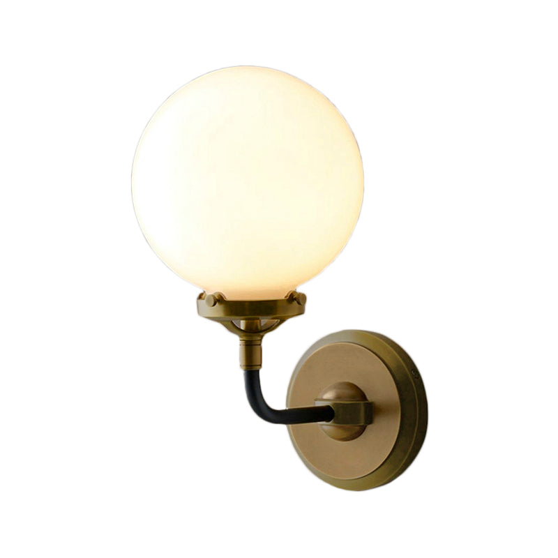 Modern Globe Shade Wall Lamp Fixture 1/2-Bulb Opal Glass Sconce Light in Antique Brass/Chrome