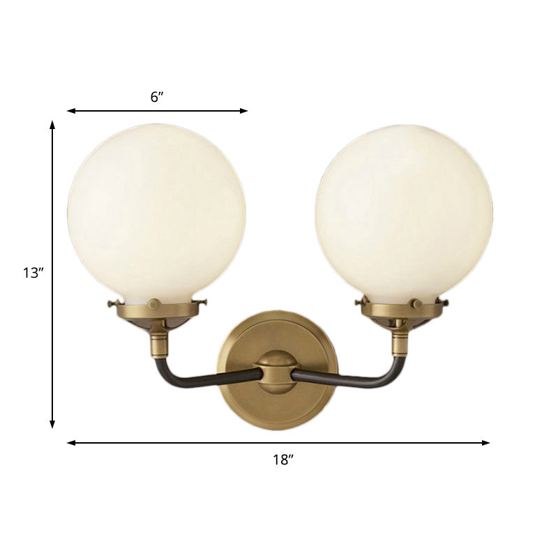 Modern Globe Shade Wall Lamp Fixture 1/2-Bulb Opal Glass Sconce Light in Antique Brass/Chrome