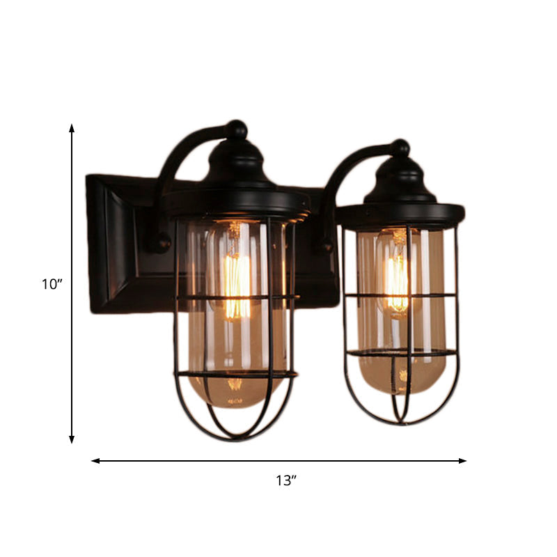Industrial wire cage wall lighting 1/2-lamp clear glass wall lamp in black for stairs.