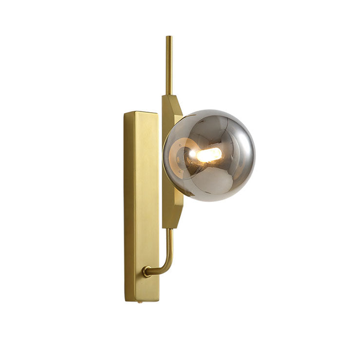 LED Bedroom Wall Light with Spherical Smoky/White/Amber Glass Shade Modern Brass Wall Mount Light