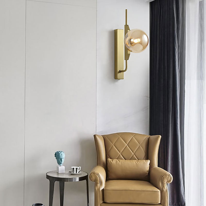 LED Bedroom Wall Light with Spherical Smoky/White/Amber Glass Shade Modern Brass Wall Mount Light