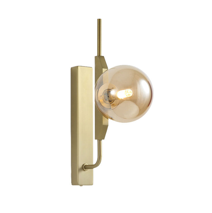 LED Bedroom Wall Light with Spherical Smoky/White/Amber Glass Shade Modern Brass Wall Mount Light