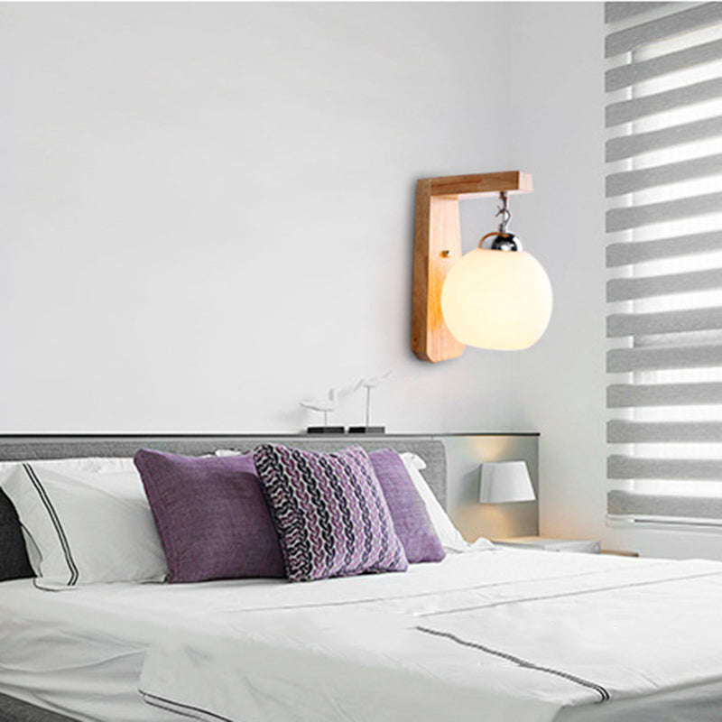 Modern Globe Pendant Light Opal Glass 1-Bulb White Wall Lamp with Wooden Base for the Bedroom