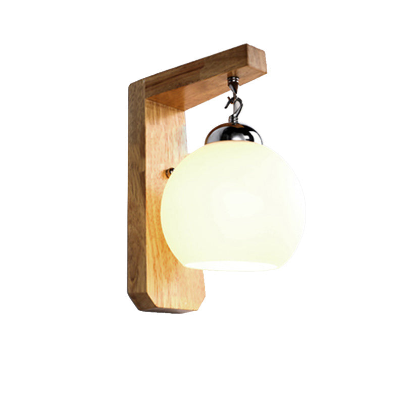 Modern Globe Pendant Light Opal Glass 1-Bulb White Wall Lamp with Wooden Base for the Bedroom
