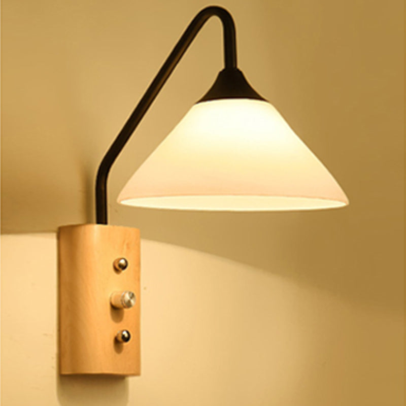 Milk glass conical wall lamp dining room corridor 1 light modern wall light with wooden base