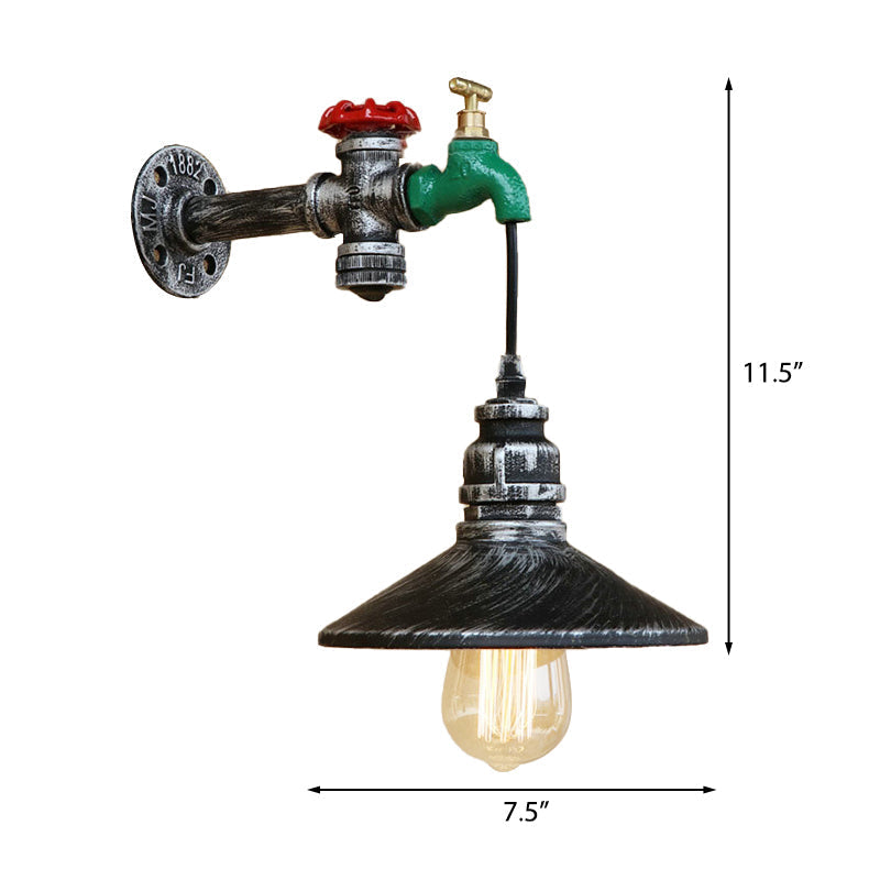 Steampunk Wall Lamp with Conical Shade 1 Lamp Cast Iron Wall Light in Aged Silver