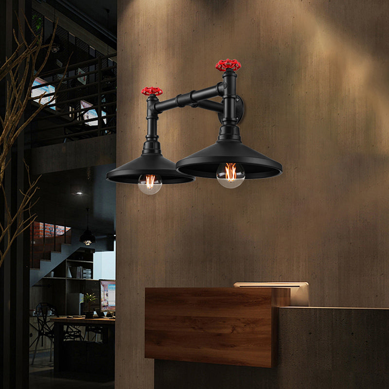 Industrial Cone Wall Lamp with Raw Valve 2 Heads Metal Wall Light in Black for Hallway