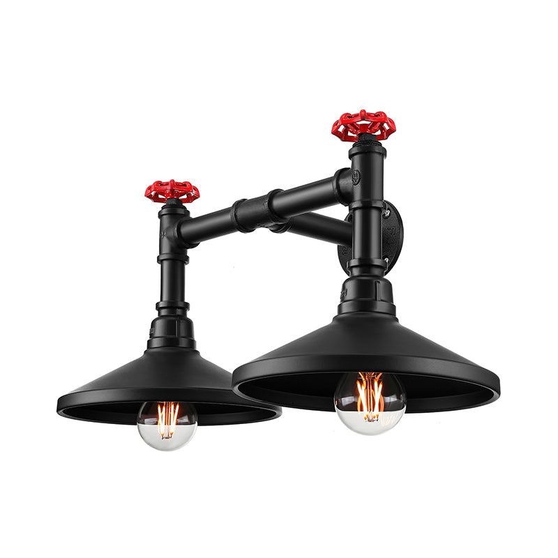 Industrial Cone Wall Lamp with Raw Valve 2 Heads Metal Wall Light in Black for Hallway