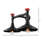 Industrial Cone Wall Lamp with Raw Valve 2 Heads Metal Wall Light in Black for Hallway