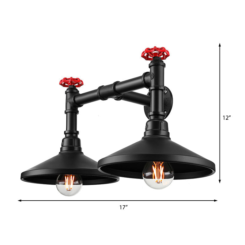 Industrial Cone Wall Lamp with Raw Valve 2 Heads Metal Wall Light in Black for Hallway