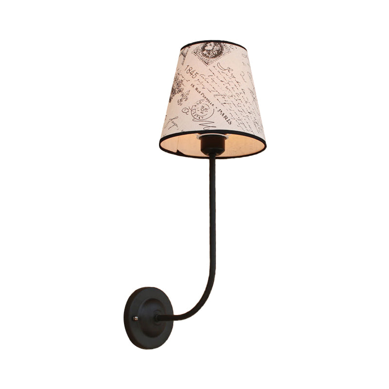 Vintage Conical Wall Lamp 1 Head Fabric and Metal Wall Mount Fixture with Curved Arm in White