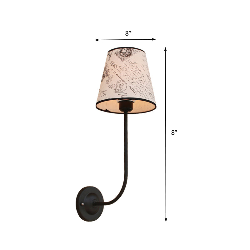 Vintage Conical Wall Lamp 1 Head Fabric and Metal Wall Mount Fixture with Curved Arm in White
