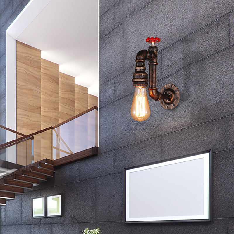 Rustic Style Pipe Wall Sconce with Valve Wheel 1 Bulb Wrought Iron Wall Mounted Light in Bronze