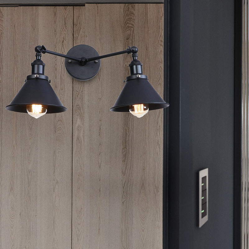 Tapered Umbrella Iron Wall Mount Light Industrial Vintage 2 Heads Farmhouse Wall Mount Light in Black/Brass