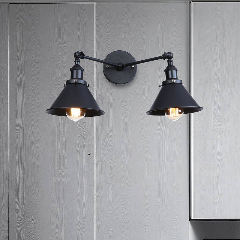 Tapered Umbrella Iron Wall Mount Light Industrial Vintage 2 Heads Farmhouse Wall Mount Light in Black/Brass
