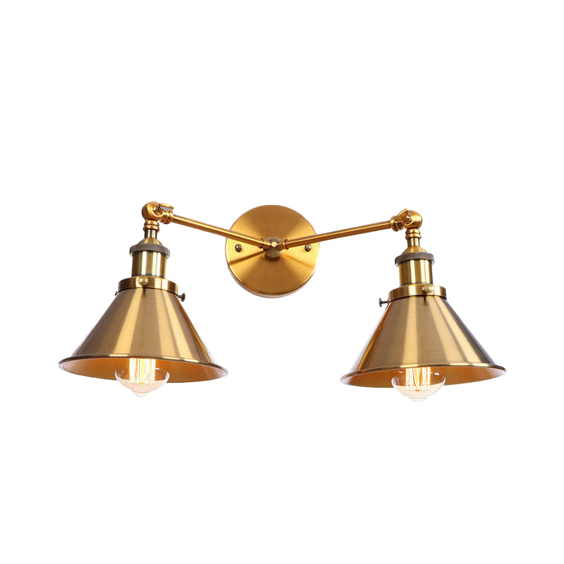 Tapered Umbrella Iron Wall Mount Light Industrial Vintage 2 Heads Farmhouse Wall Mount Light in Black/Brass