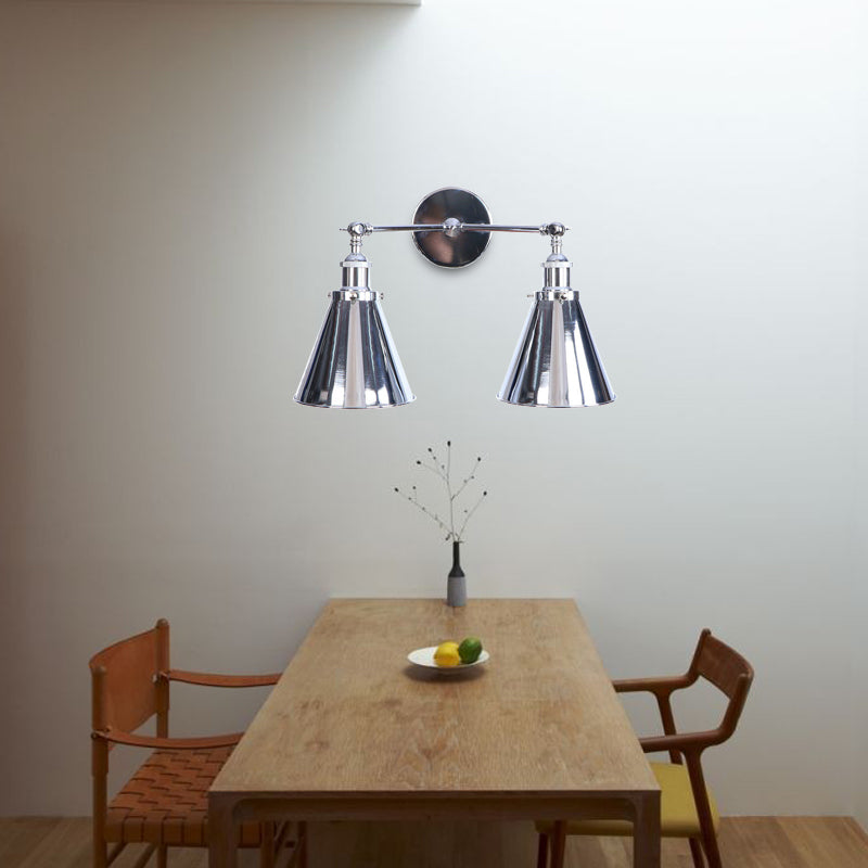 Polished Chrome Conic Wall Mount Fixture Retro Style Iron 2 Lights Dining Room Wall Mount Light