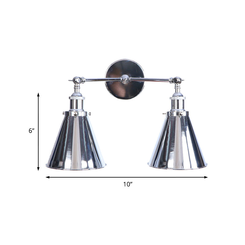 Polished Chrome Conic Wall Mount Fixture Retro Style Iron 2 Lights Dining Room Wall Mount Light
