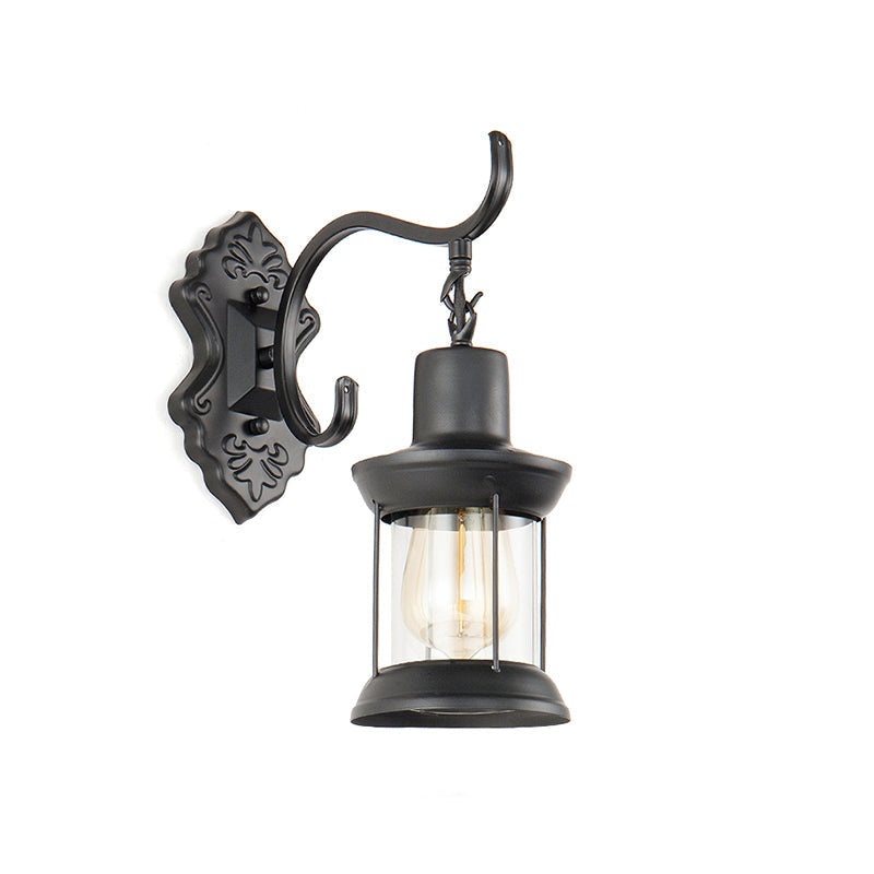 Lantern Clear Glass Wall Mounted Lamp Vintage Single Bulb Outdoor Wall Light in Black with Carved Pattern