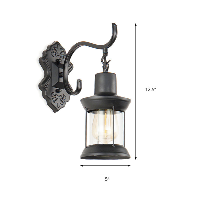 Lantern Clear Glass Wall Mounted Lamp Vintage Single Bulb Outdoor Wall Light in Black with Carved Pattern