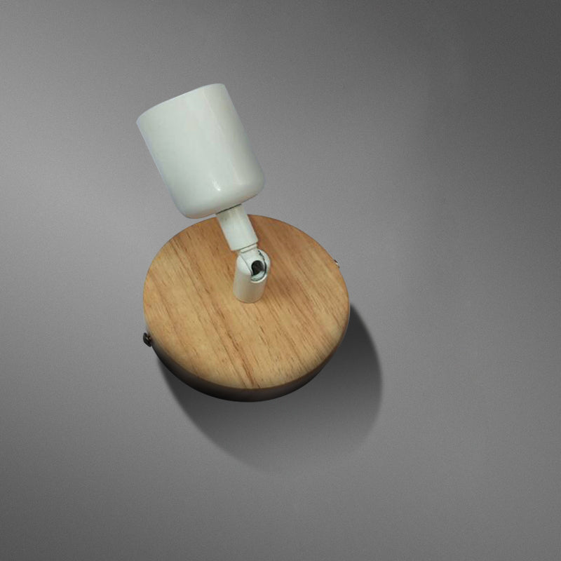 Simple Style Round Back Wall Light 1 Head Wood and Metal Wall Lamp in White for Nightstand