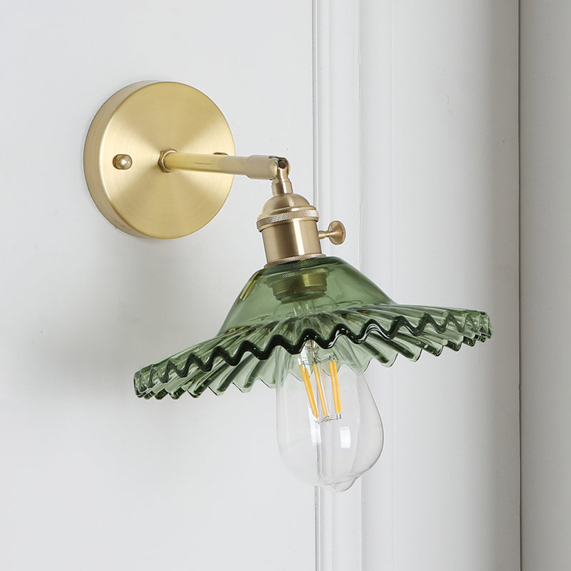 Industrial Bowl Wall Lighting Fixture 1 Bulb Green Glass Wall Light in Brass