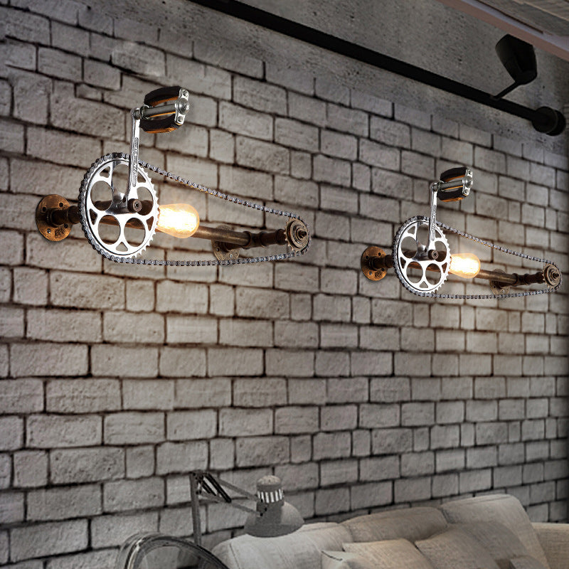 Iron Gear Bicycle Wall Lamp Stock 1 Light Restaurant Wall Mounted Lamp in Bronze with Pipe Arm