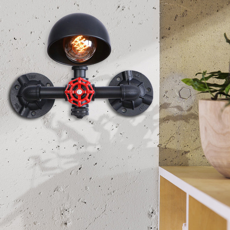 Steampunk Dome Wall Lamp Fixture with Valve Wheel 1 Head Metallic Wall Light in Black for Living Room