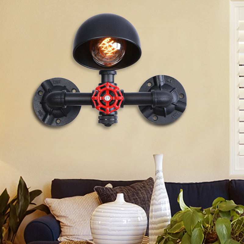 Steampunk Dome Wall Lamp Fixture with Valve Wheel 1 Head Metallic Wall Light in Black for Living Room
