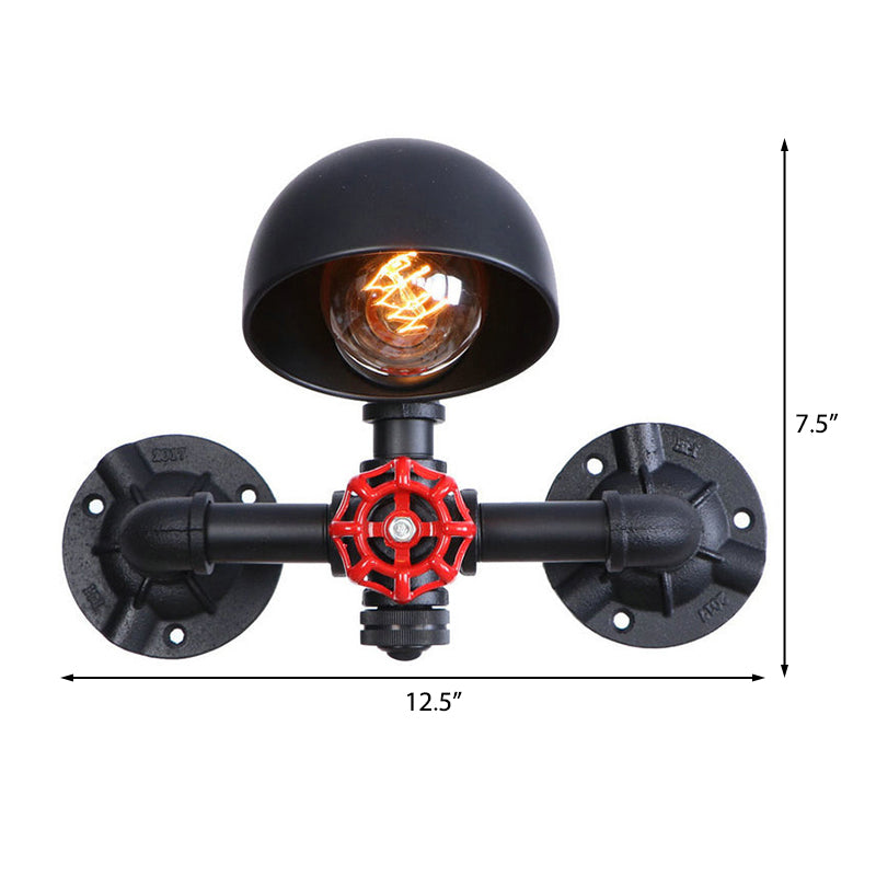 Steampunk Dome Wall Lamp Fixture with Valve Wheel 1 Head Metallic Wall Light in Black for Living Room
