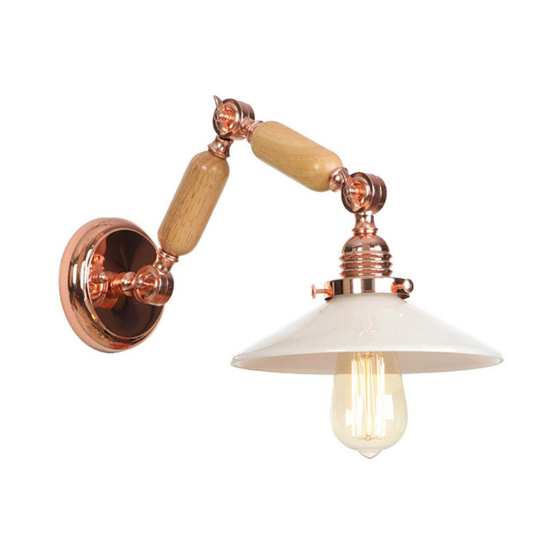 White glass conical wall lamp industrial 1 light living room lighting fixture with retractable arm