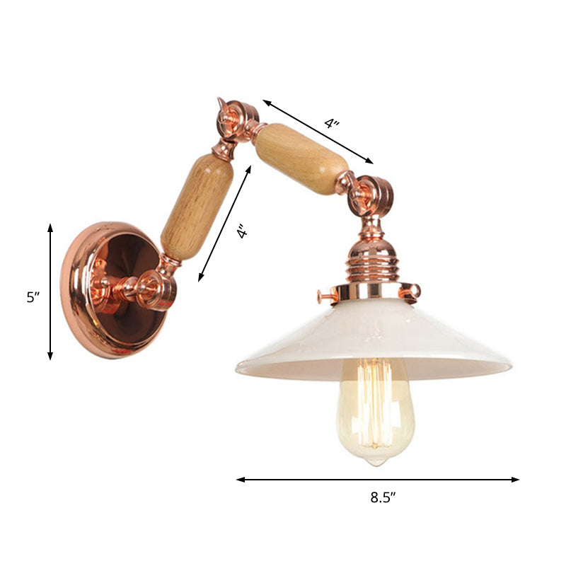 White glass conical wall lamp industrial 1 light living room lighting fixture with retractable arm