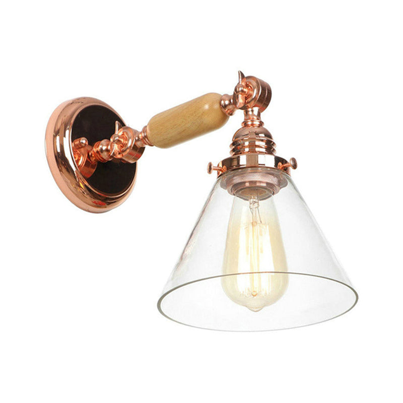 Industrial Cone Wall Lamp 1 Bulb Clear Glass Wall Light in Rose Gold