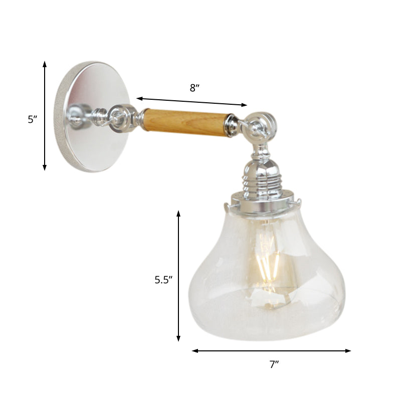 Wood One Light Wall Lamp Vintage Clear Glass Pear Lighting Fixture for Living Room, 8"/4"/6" L Wooden Arm